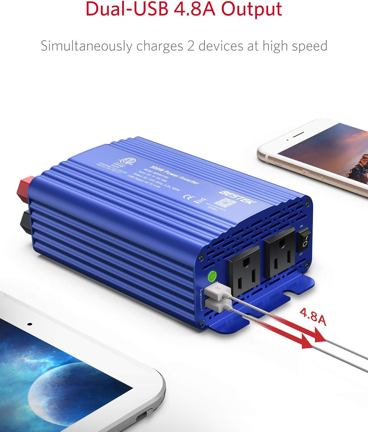 500W Vehicle Power Inverter DC 12V to AC 110V with Dual USB Ports, Dual AC Outlets, Alligator Battery Clamps, and Car Charger Adapter for Phones and Laptops