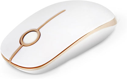 Wireless 2.4G Slim Optical Mouse in White and Gold | Portable Plug & Play USB Nano Receiver, Silent Operation for Notebooks, PCs, Laptops, Windows, and Mac
