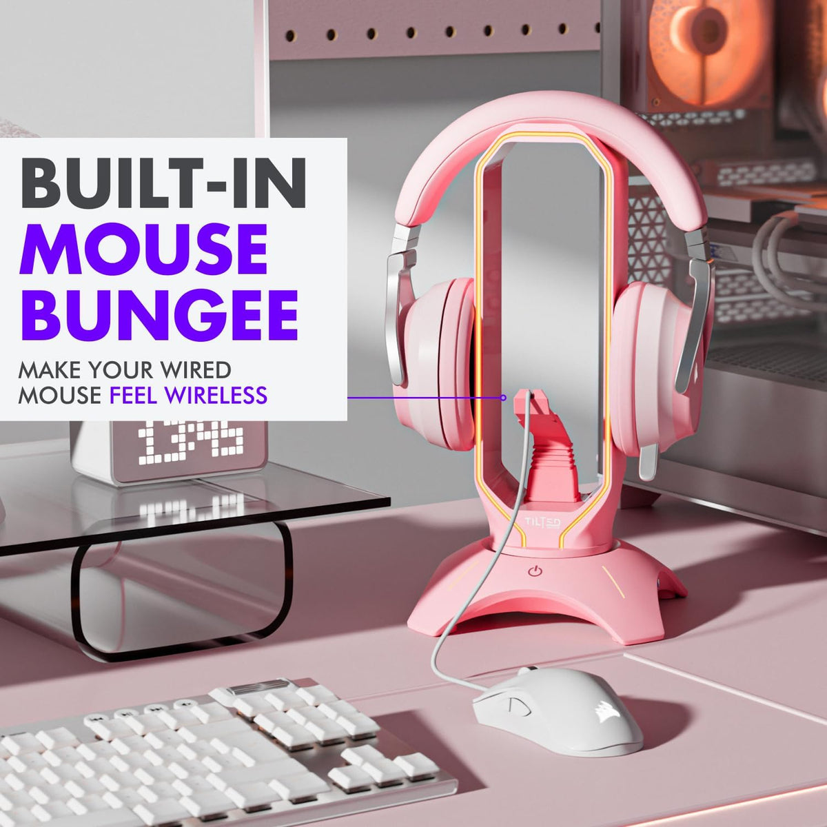Elegant Pink Headphone Stand with RGB Lighting, Mouse Bungee Holder, and Dual USB Hub Charger - Premium Desk Gaming Accessories