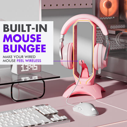 Elegant Pink Headphone Stand with RGB Lighting, Mouse Bungee Holder, and Dual USB Hub Charger - Premium Desk Gaming Accessories