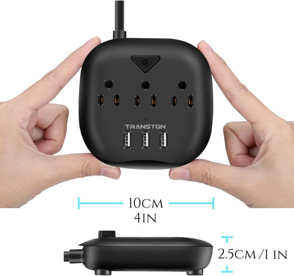 Power Strip with 3 Outlets and 3 USB Ports, Switch Control, 5 Ft Extension Cord, Compact Desktop Charging Station for Nightstand, Office, and Travel - Black