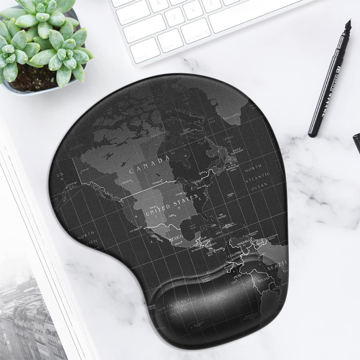 Ergonomic Mouse Pad with Gel Wrist Support - Compact Design, Smooth Surface, Non-Slip PU Base for Comfort and Pain Relief, 8.7 x 7.2 Inches, Map Pattern