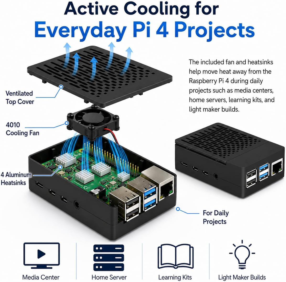 Raspberry Pi 4 ABS Case with Cooling Fan and Heatsink, Removable Top Cover for Model B/4B