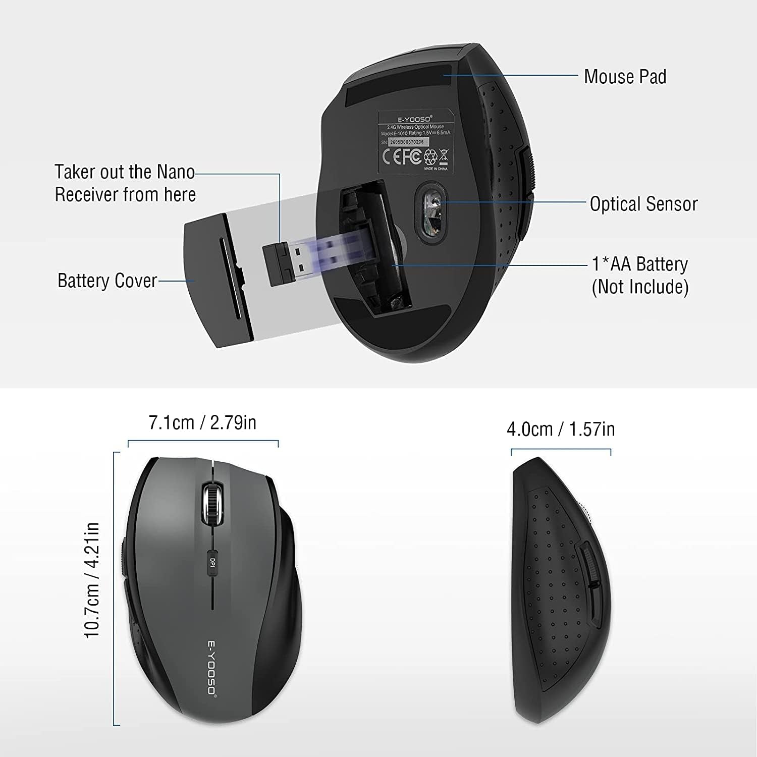 Wireless Optical Mouse for Laptops - Portable 2.4GHz Cordless Design with 6 Buttons, USB Receiver, 5-Level 4800 DPI, and 18-Month Battery Life for PC, Chromebook, Windows, and Mac