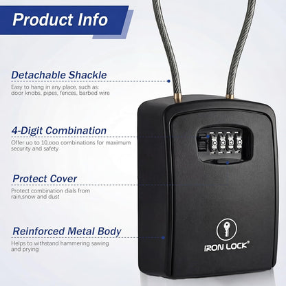XXL Portable Key Lock Box with 15-Inch Steel Cable, Holds 20-30 Keys and Car Fobs, Features Unique Built-In Tray, Versatile Mounting Options, Resettable Code, and Protective Dial Cover