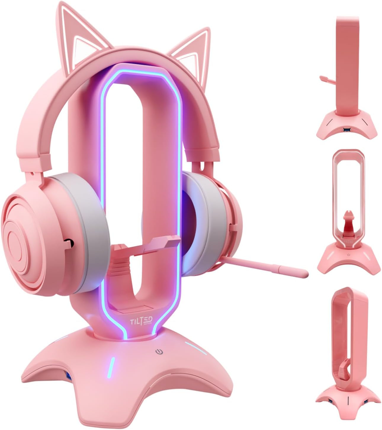 Elegant Pink Headphone Stand with RGB Lighting, Mouse Bungee Holder, and Dual USB Hub Charger - Premium Desk Gaming Accessories