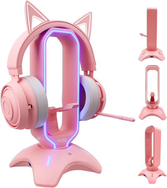 Elegant Pink Headphone Stand with RGB Lighting, Mouse Bungee Holder, and Dual USB Hub Charger - Premium Desk Gaming Accessories