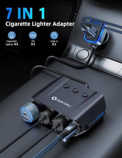 7-in-1 Car Cigarette Lighter Splitter, 180W (Max 192W) 3-Socket Adapter with Dual PD 36W/QC3.0 Fast Charging, 3.7FT Cable, 12V/24V Independent Switches & LED Voltage Display