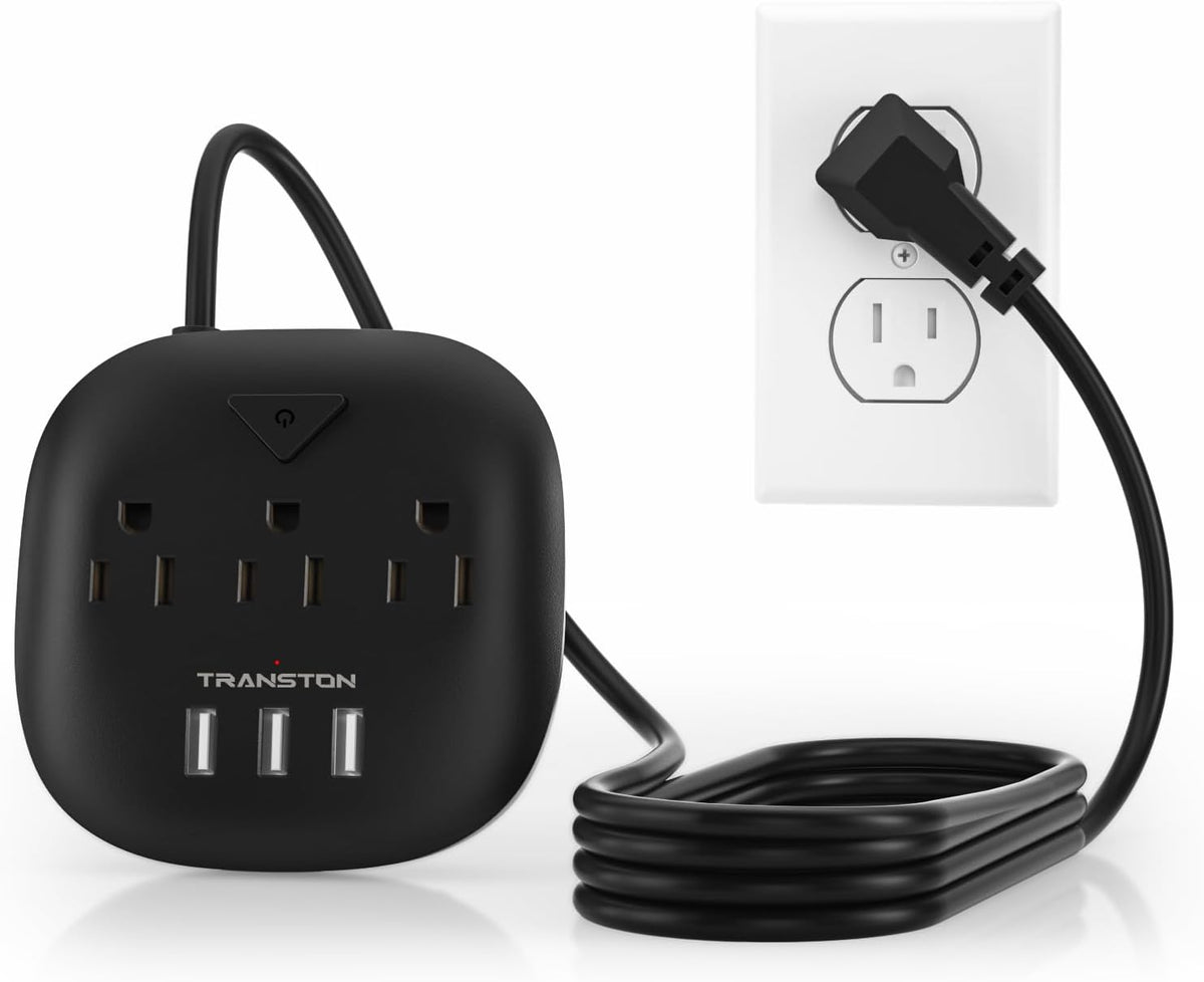 Power Strip with 3 Outlets and 3 USB Ports, Switch Control, 5 Ft Extension Cord, Compact Desktop Charging Station for Nightstand, Office, and Travel - Black
