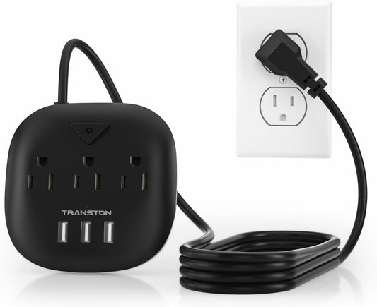 Power Strip with 3 Outlets and 3 USB Ports, Switch Control, 5 Ft Extension Cord, Compact Desktop Charging Station for Nightstand, Office, and Travel - Black