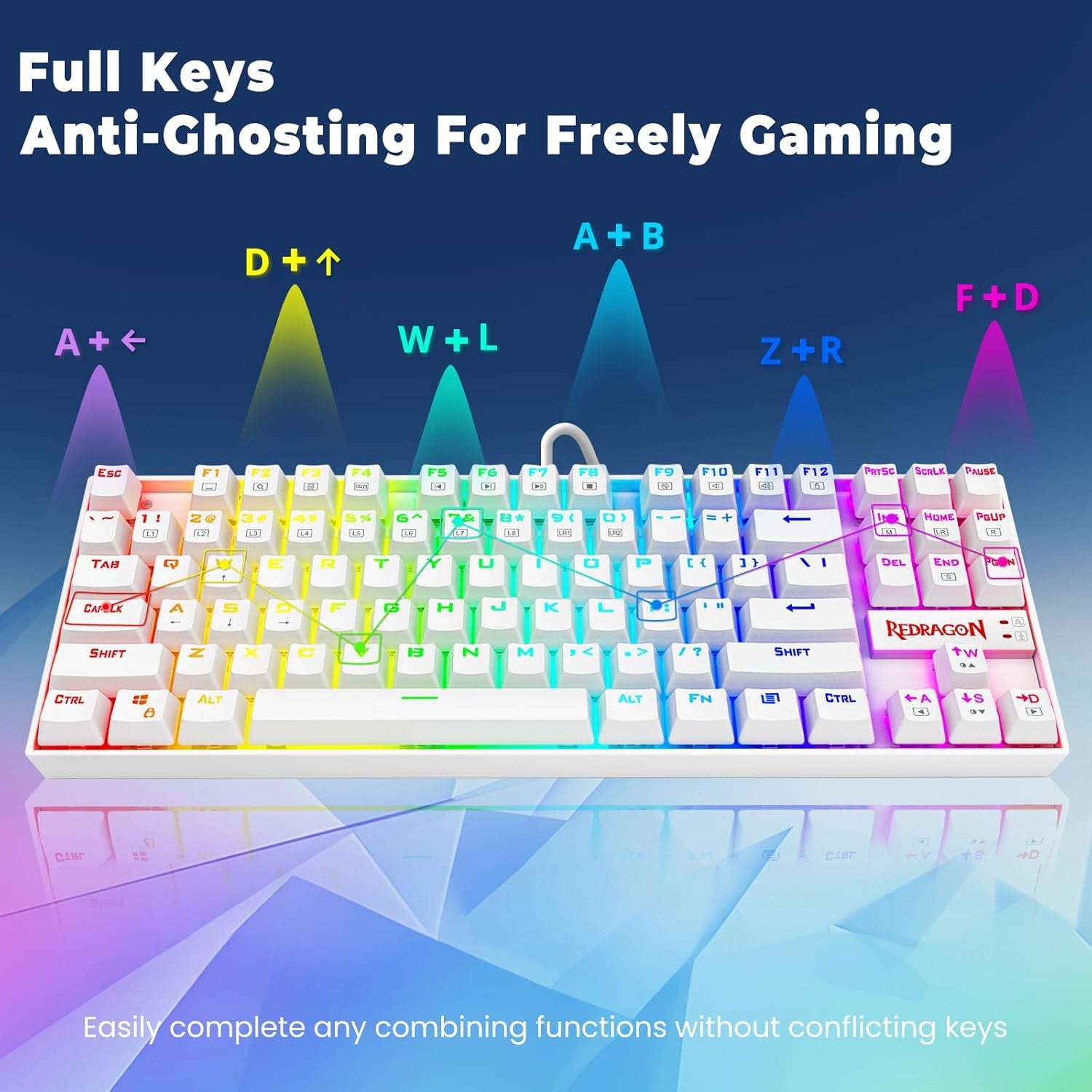 K552P TKL Mechanical Gaming Keyboard - 18 Backlight Modes, Hot-Swappable Blue Switches, 87-Key Compact Ergonomic Design, N-Key Rollover, and Software Programmable Macros - RGB, White