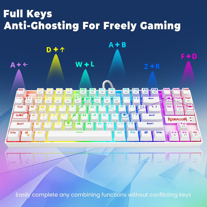 K552P TKL Mechanical Gaming Keyboard - 18 Backlight Modes, Hot-Swappable Blue Switches, 87-Key Compact Ergonomic Design, N-Key Rollover, and Software Programmable Macros - RGB, White