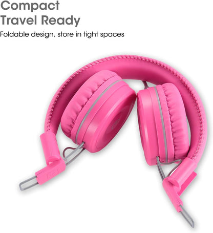 K22 Foldable Wired Kids Headphones with 3.5mm Jack, Flamingo Pink | Stereo On-Ear Headset with 5ft Tangle-Free Cord for Children, Compatible with iPad, School, Kindle, and Travel
