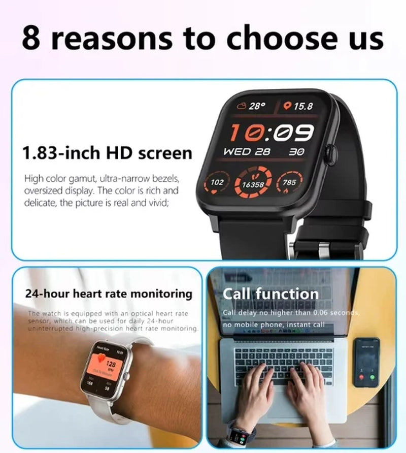 1.83-Inch Bluetooth Smartwatch for Men and Women with Heart Rate Monitor and Fitness Tracking Features