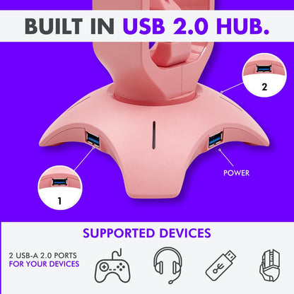 Elegant Pink Headphone Stand with RGB Lighting, Mouse Bungee Holder, and Dual USB Hub Charger - Premium Desk Gaming Accessories