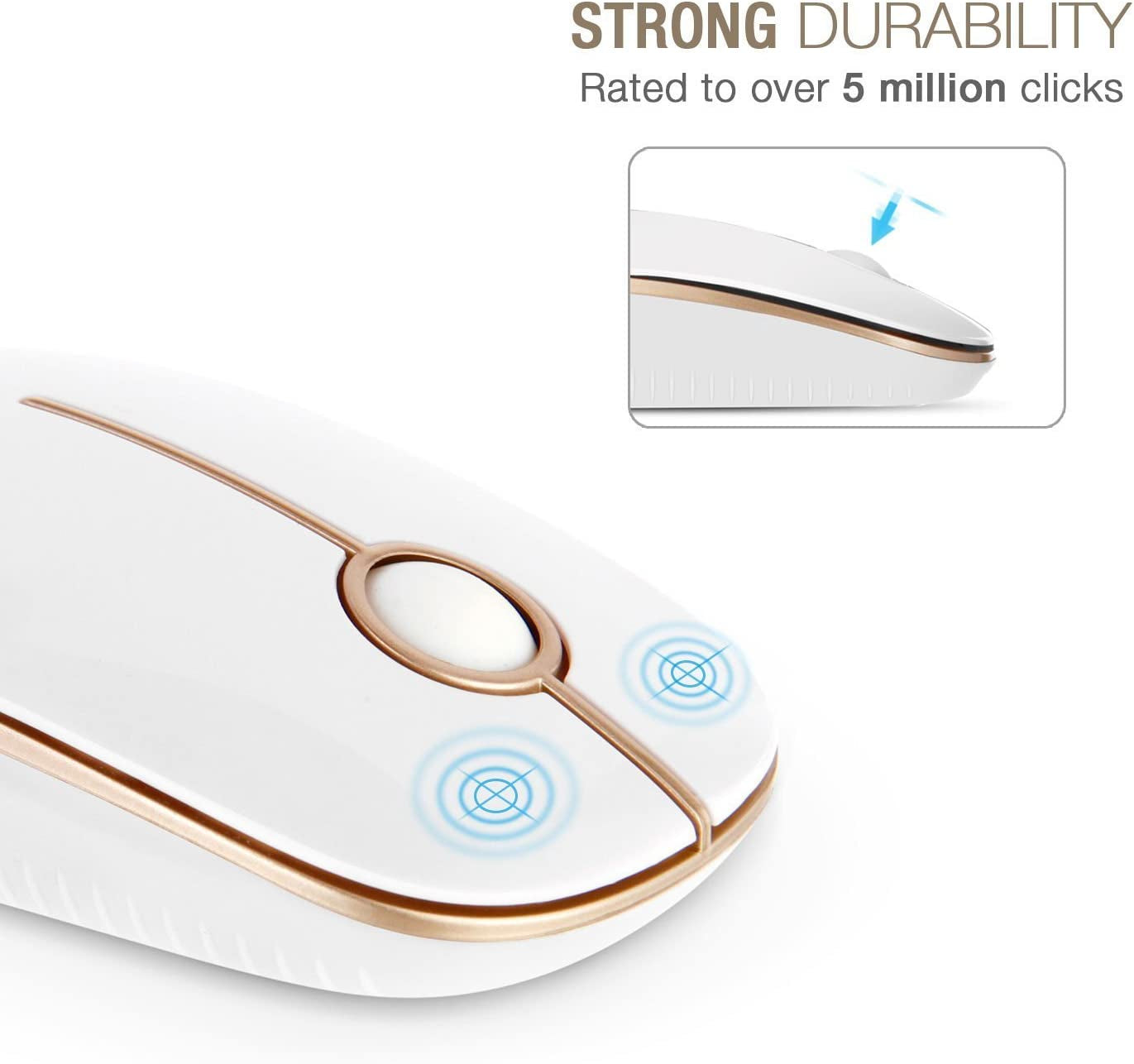 Wireless 2.4G Slim Optical Mouse in White and Gold | Portable Plug & Play USB Nano Receiver, Silent Operation for Notebooks, PCs, Laptops, Windows, and Mac