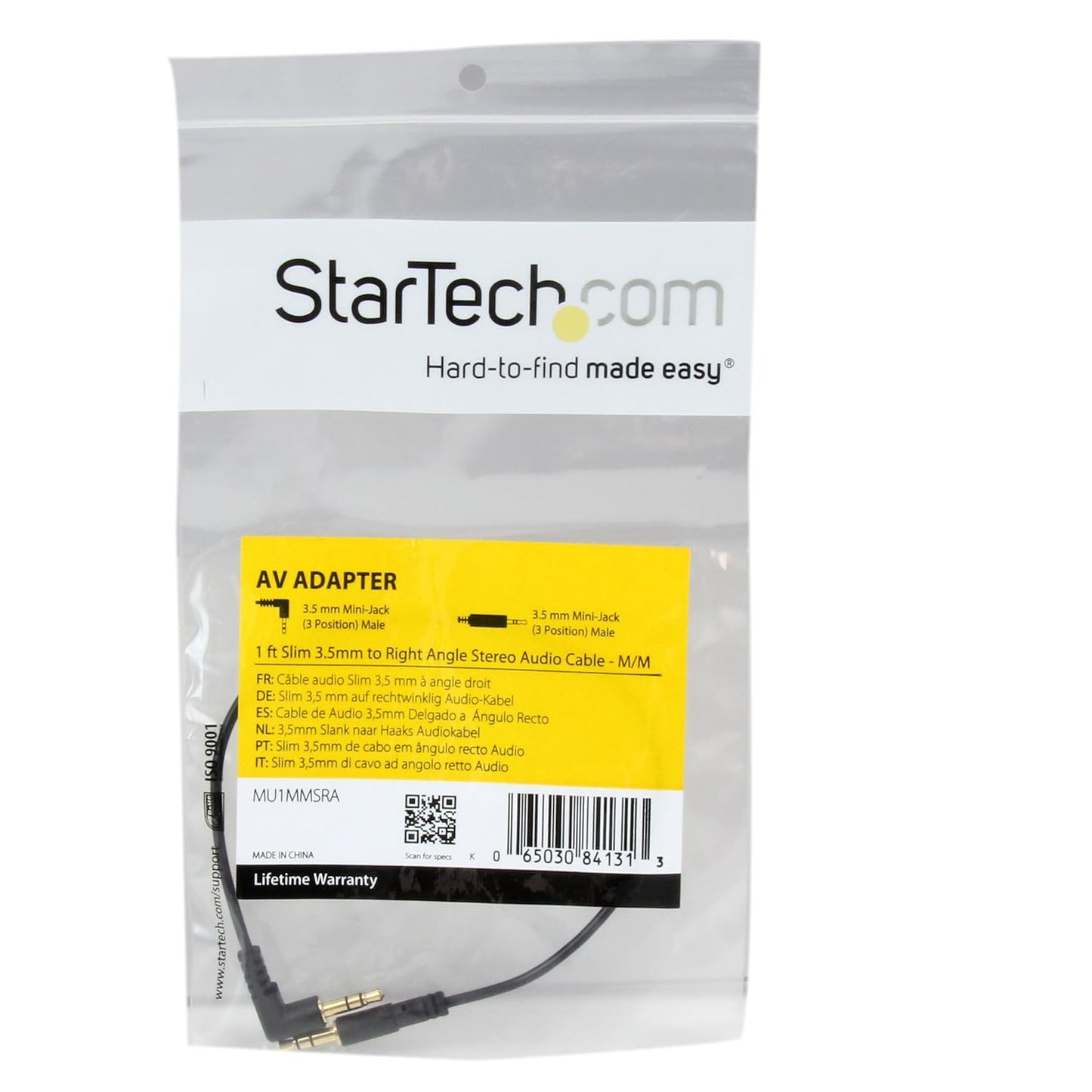 StarTech 1ft Slim Right Angle 3.5mm Male to Male Audio Cable (MU1MMSRA)