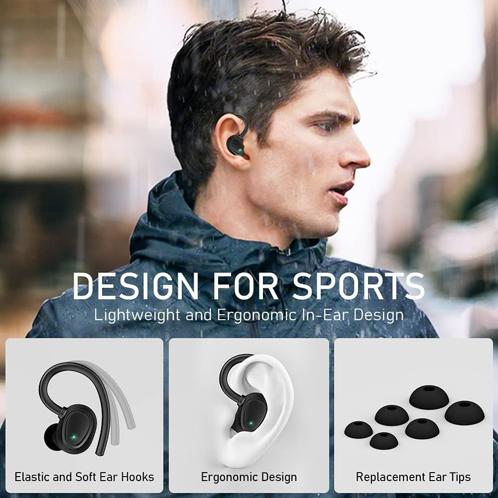 Bluetooth 5.1 Wireless Earbuds with Noise Cancelling, Deep Bass, and Ear Hooks - IP7 Waterproof Headphones with 48 Hours Playtime and Built-in Microphone for Sports and Gym Activities