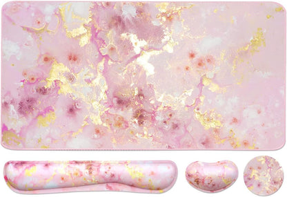 Extended Keyboard and Mouse Pad Set with Ergonomic Wrist Rest Support, Memory Foam Design, 3-Piece Desk Pad Set for Home Office, Study, and Gaming - Pink Gold Marble (35.4 x 15.7 inches)