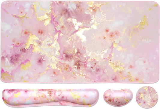 Extended Keyboard and Mouse Pad Set with Ergonomic Wrist Rest Support, Memory Foam Design, 3-Piece Desk Pad Set for Home Office, Study, and Gaming - Pink Gold Marble (35.4 x 15.7 inches)