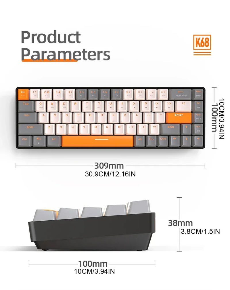 K68 60% Wireless Mechanical Gaming Keyboard with Dual Mode BT 5.0/2.4GHz Receiver, Compact 68-Key Design, Hot-Swappable for PC, Mac, and Xbox