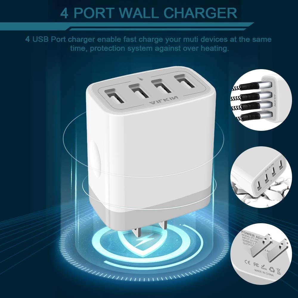 USB Charger Adapter - 2-Pack, 4.8A Multi-Port Wall Plug for Fast Charging Compatible with iPhone 15-17, Samsung Galaxy, LG, Moto, Pixel, and More