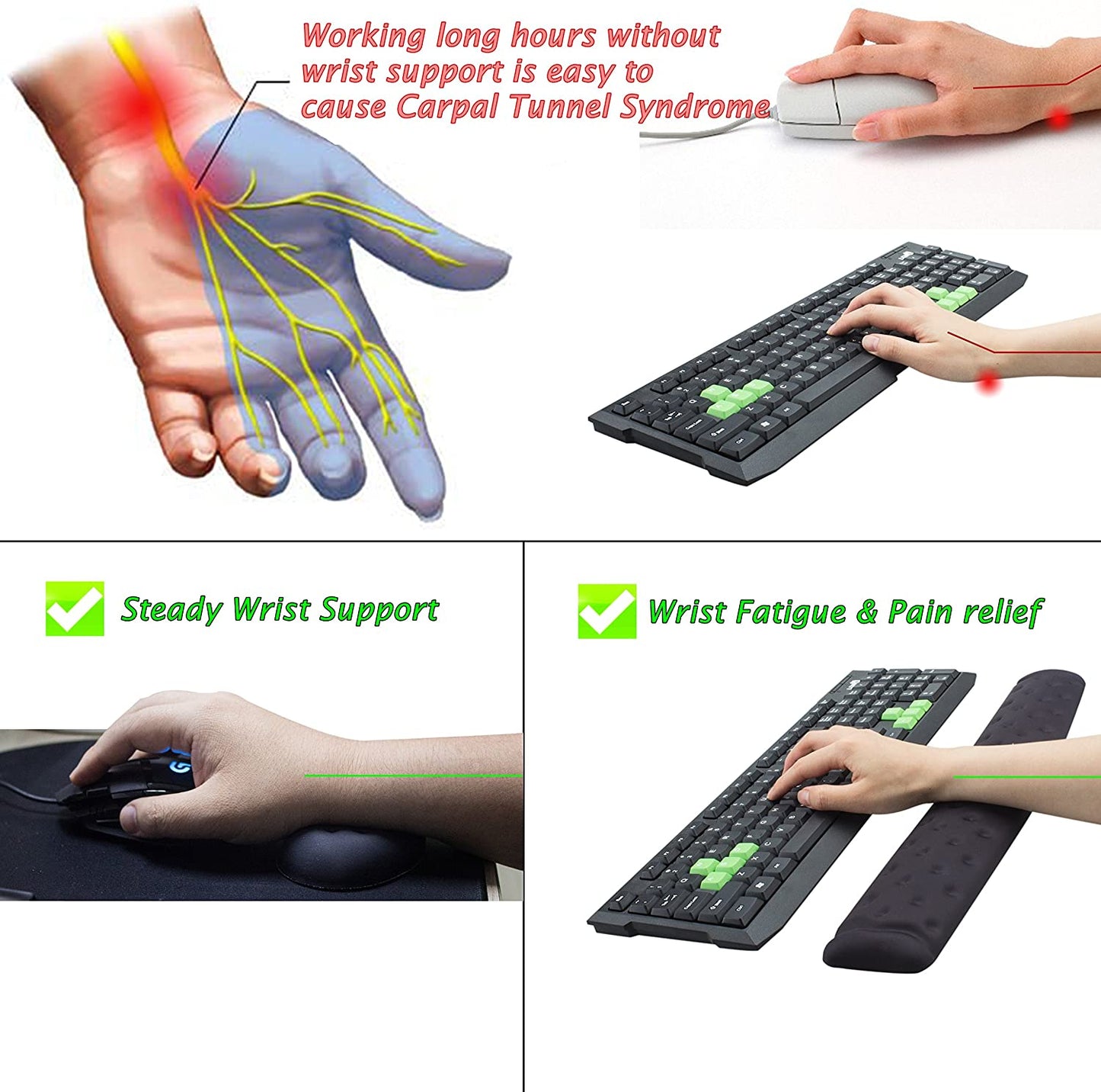 Memory Foam Wrist Rest Support Pad Set for Mouse and Keyboard - Ergonomic Design with Massage Holes for Enhanced Comfort and Pain Relief (Black)
