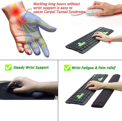 Memory Foam Wrist Rest Support Pad Set for Mouse and Keyboard - Ergonomic Design with Massage Holes for Enhanced Comfort and Pain Relief (Black)
