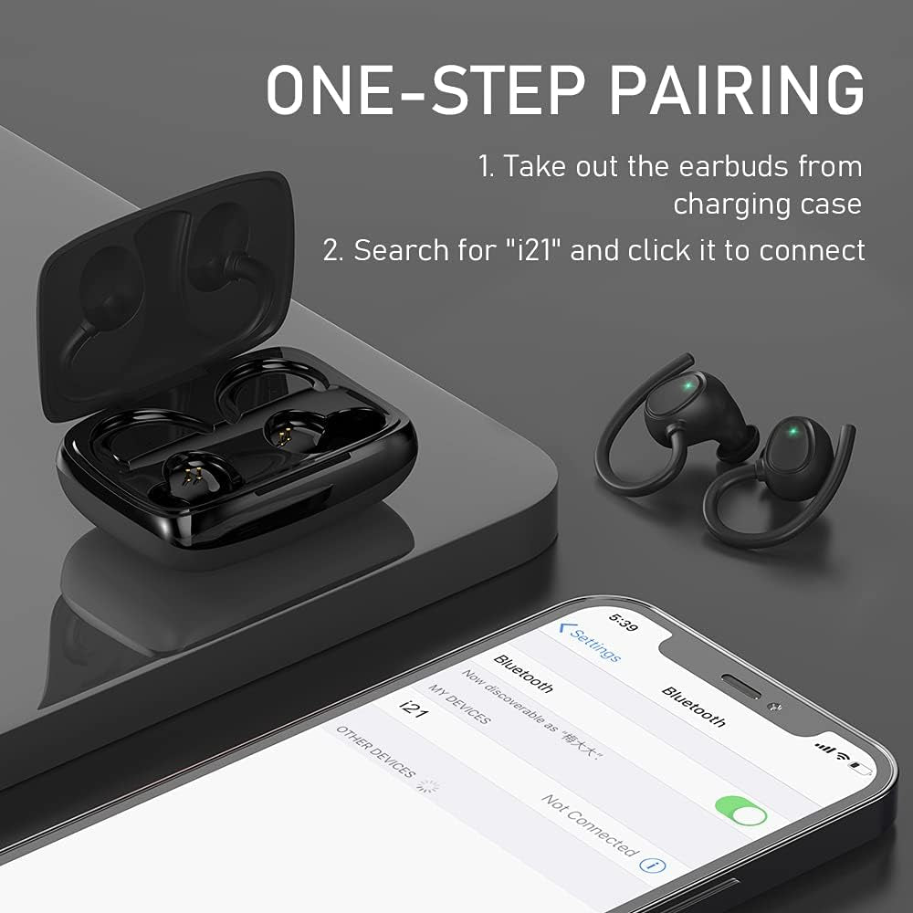 Bluetooth 5.1 Wireless Earbuds with Noise Cancelling, Deep Bass, and Ear Hooks - IP7 Waterproof Headphones with 48 Hours Playtime and Built-in Microphone for Sports and Gym Activities