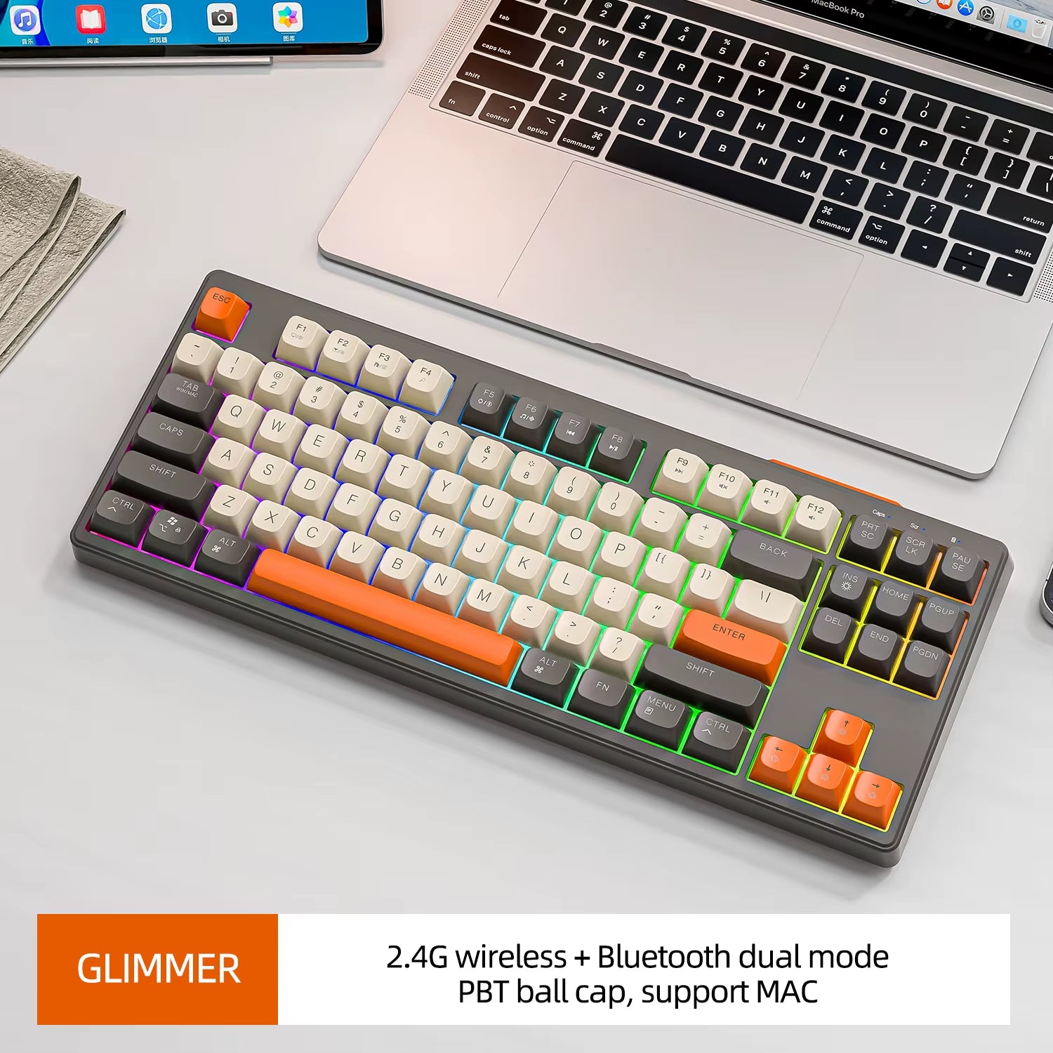 M87 Dual Mode Bluetooth Wireless Gaming Keyboard, 87 Keys with RGB Rainbow Lighting and PBT Keycaps for Quiet Office and Gaming Use