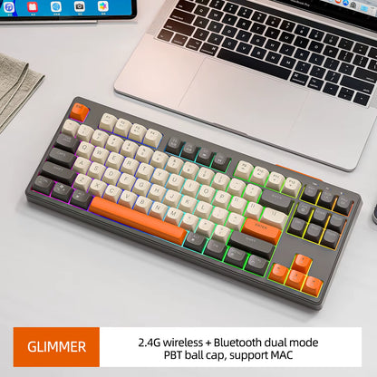 M87 Dual Mode Bluetooth Wireless Gaming Keyboard, 87 Keys with RGB Rainbow Lighting and PBT Keycaps for Quiet Office and Gaming Use