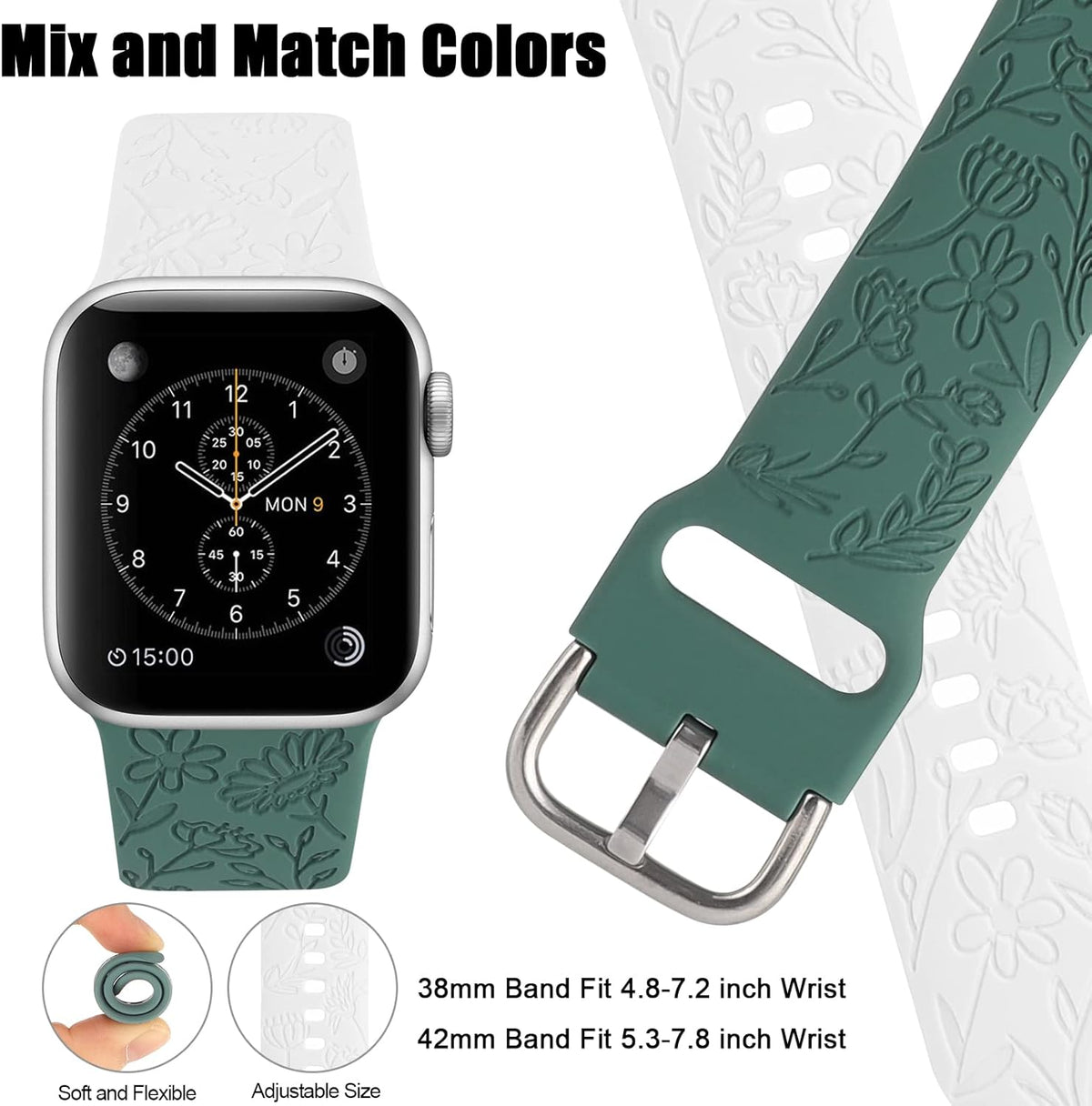Set of 2 Floral Engraved Sport Bands for Apple Watch (38mm, 40mm, 41mm) | Women's Soft Silicone Replacement Wristbands for Series 1-11 and SE