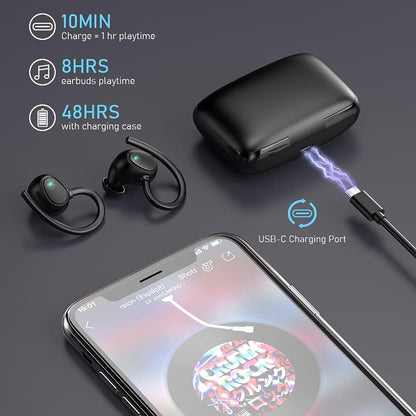 Bluetooth 5.1 Wireless Earbuds with Noise Cancelling, Deep Bass, and Ear Hooks - IP7 Waterproof Headphones with 48 Hours Playtime and Built-in Microphone for Sports and Gym Activities