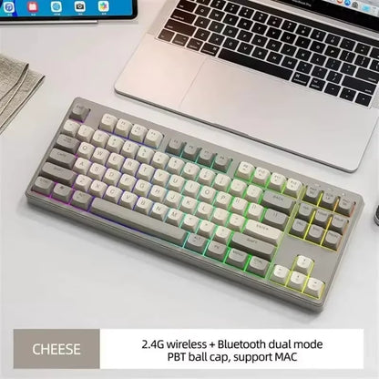 M87 Dual Mode Bluetooth Wireless Gaming Keyboard, 87 Keys with RGB Rainbow Lighting and PBT Keycaps for Quiet Office and Gaming Use