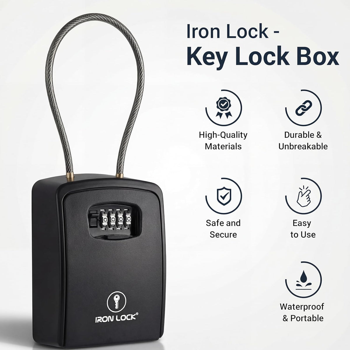 XXL Portable Key Lock Box with 15-Inch Steel Cable, Holds 20-30 Keys and Car Fobs, Features Unique Built-In Tray, Versatile Mounting Options, Resettable Code, and Protective Dial Cover
