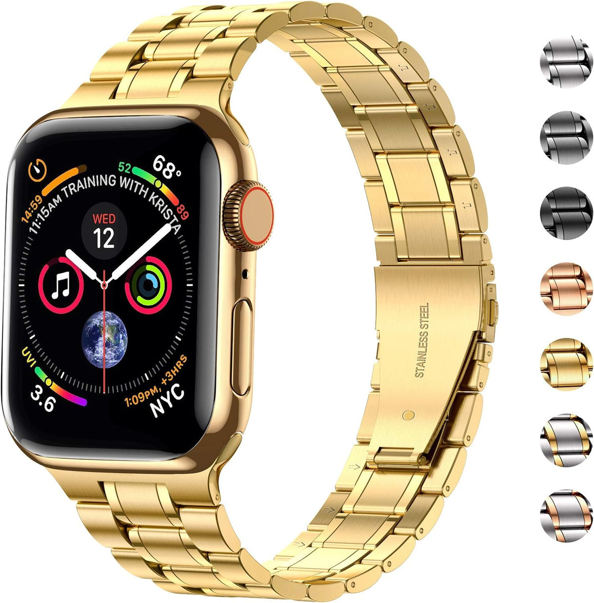 Stainless Steel Adjustable Bands for Apple Watch (45mm, 44mm, 42mm) with Soft TPU Case - Compatible with Series 1-9 and SE Models, Gold Finish for Men and Women
