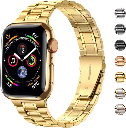 Stainless Steel Adjustable Bands for Apple Watch (45mm, 44mm, 42mm) with Soft TPU Case - Compatible with Series 1-9 and SE Models, Gold Finish for Men and Women