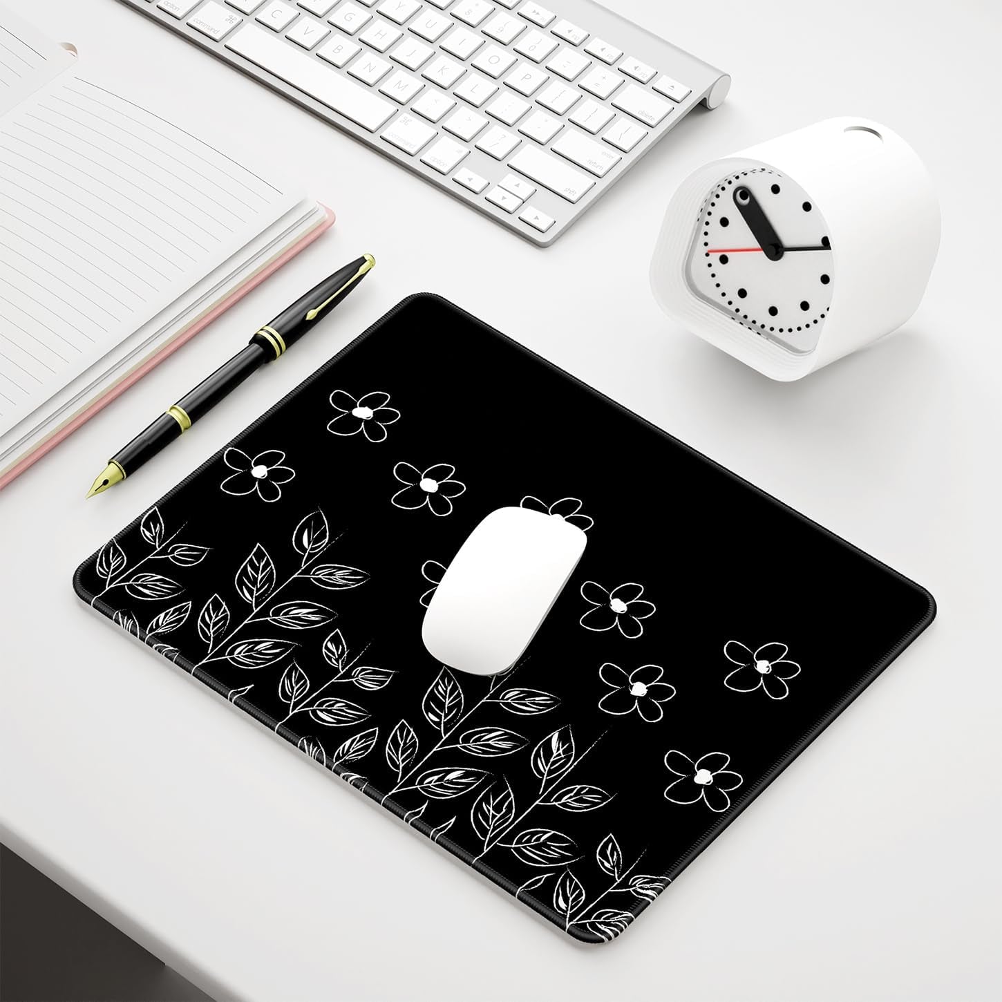 Premium Flower-Themed Mouse Pad, 12 x 10 inches, Non-Slip Rubber with Stitched Edges, Waterproof Square Mat for Gaming and Work, Compatible with Wireless Mice, Black