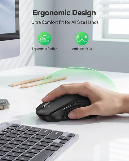 Rechargeable Wireless Bluetooth Mouse with 4-Way Wheel, Multi-Device Compatibility, 6-Level 4800 DPI, 180-Day Battery Life, Ergonomic Ambidextrous Design, Silent Operation for PC, Laptop, and MacBook