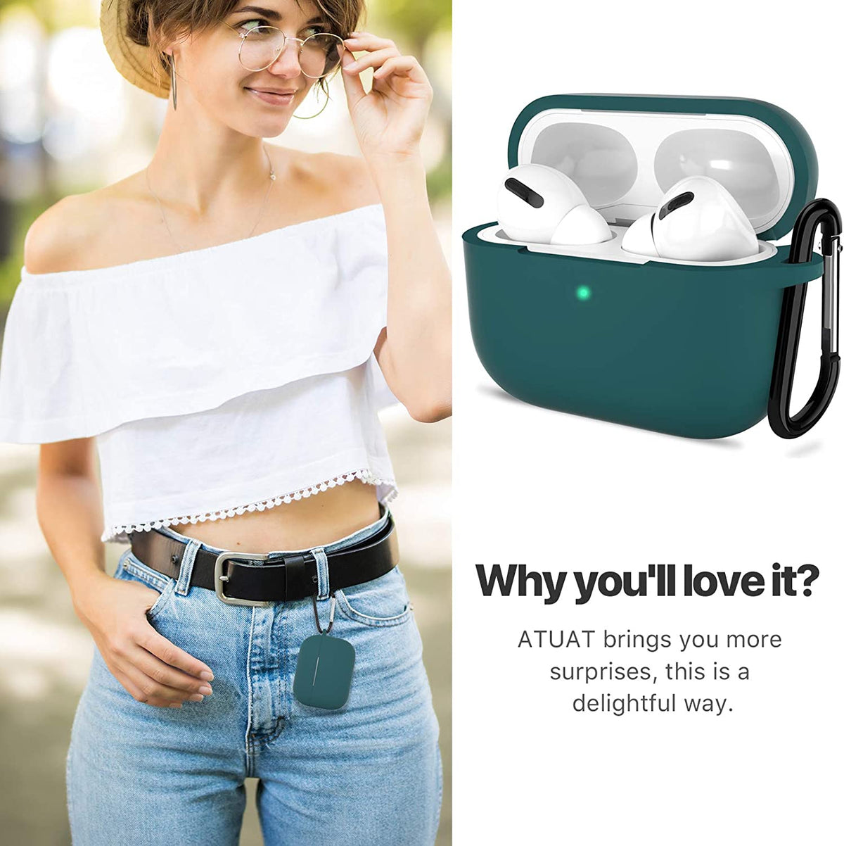 AirPods Pro 1st/2nd Generation Protective Silicone Case with Keychain - Midnight Green, Front LED Visible, Compatible with Apple AirPods Pro 2019/2022