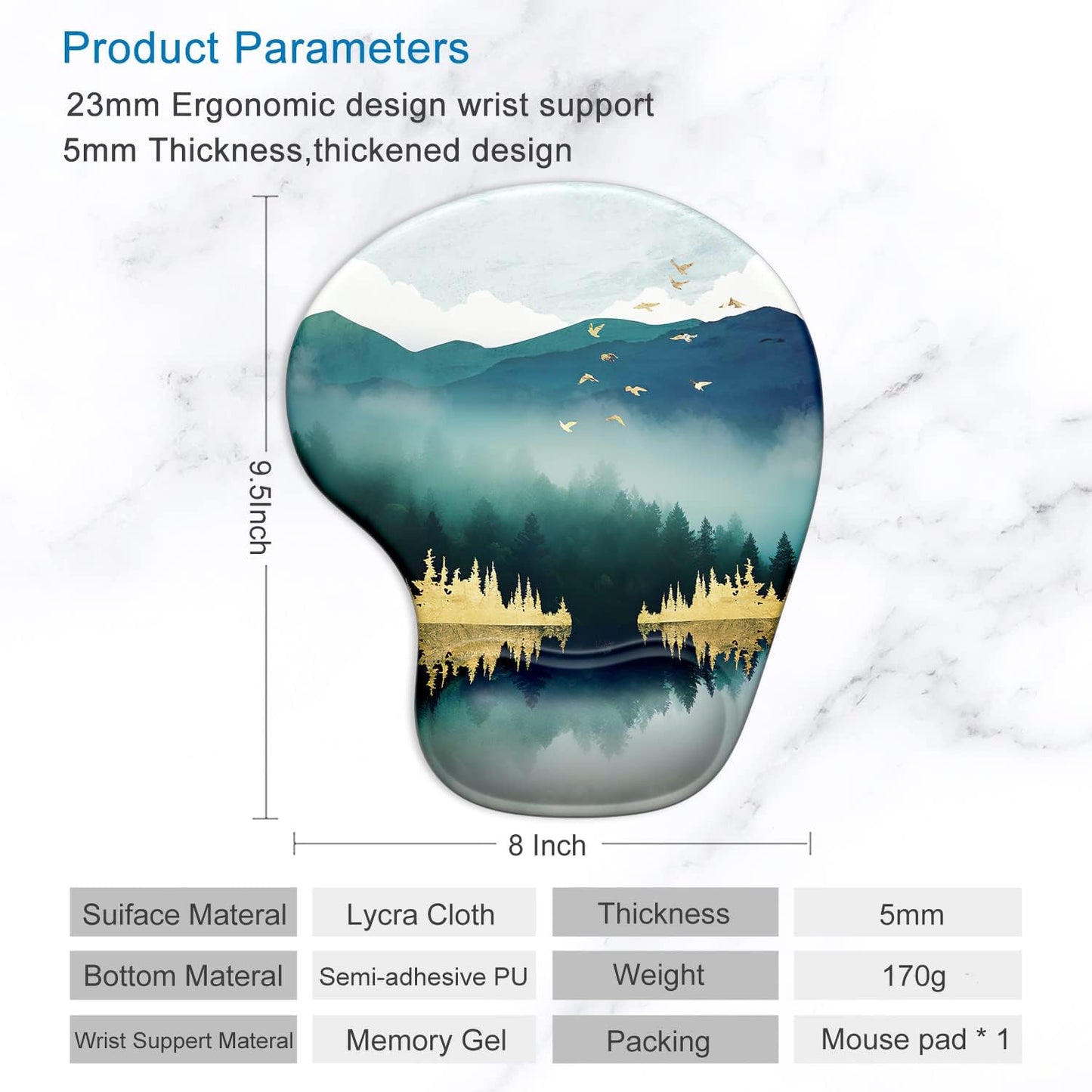 Ergonomic Mouse Pad with Gel Wrist Support and Non-Slip PU Base, 9.5 x 8 Inches, Landscape Forest Design for Office Comfort and Pain Relief