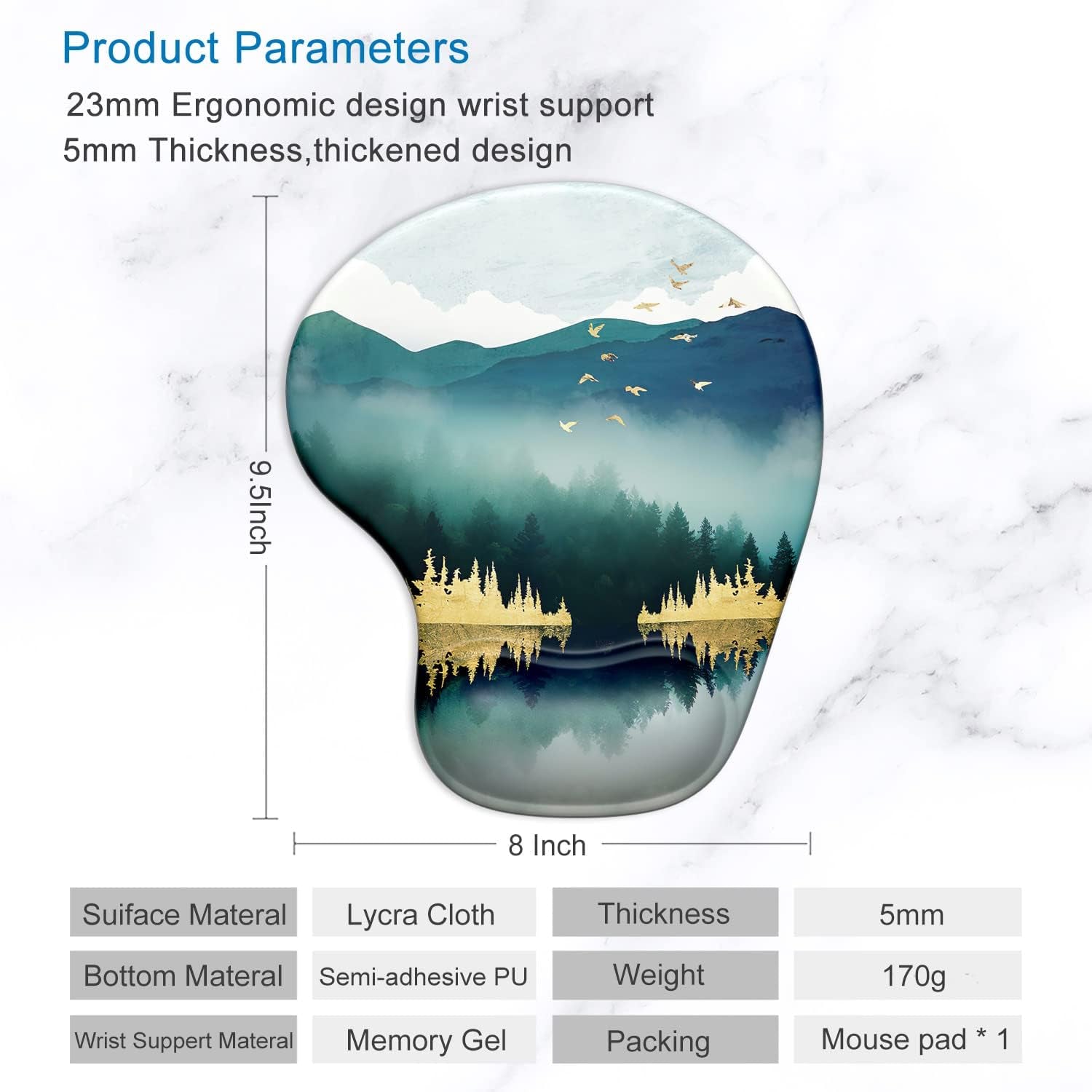 Ergonomic Mouse Pad with Gel Wrist Support and Non-Slip PU Base, 9.5 x 8 Inches, Landscape Forest Design for Office Comfort and Pain Relief