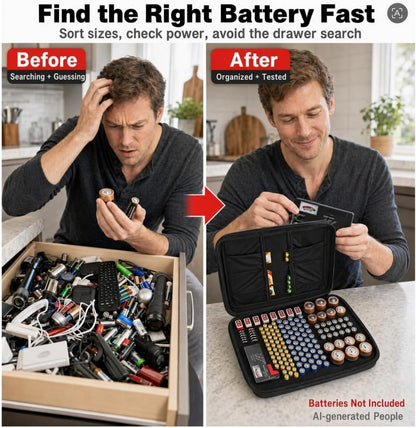 Battery Storage Case with Tester for 148+ AA AAA C D 9V Batteries, Hard-Shell Design with Carry Handle and Custom Foam Slots for Organization and Visibility in Home, Garage, or Office