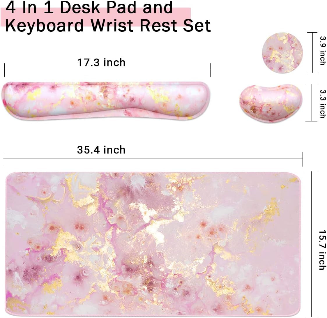 Extended Keyboard and Mouse Pad Set with Ergonomic Wrist Rest Support, Memory Foam Design, 3-Piece Desk Pad Set for Home Office, Study, and Gaming - Pink Gold Marble (35.4 x 15.7 inches)