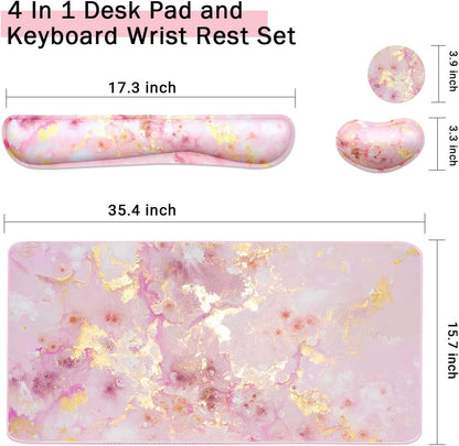 Extended Keyboard and Mouse Pad Set with Ergonomic Wrist Rest Support, Memory Foam Design, 3-Piece Desk Pad Set for Home Office, Study, and Gaming - Pink Gold Marble (35.4 x 15.7 inches)