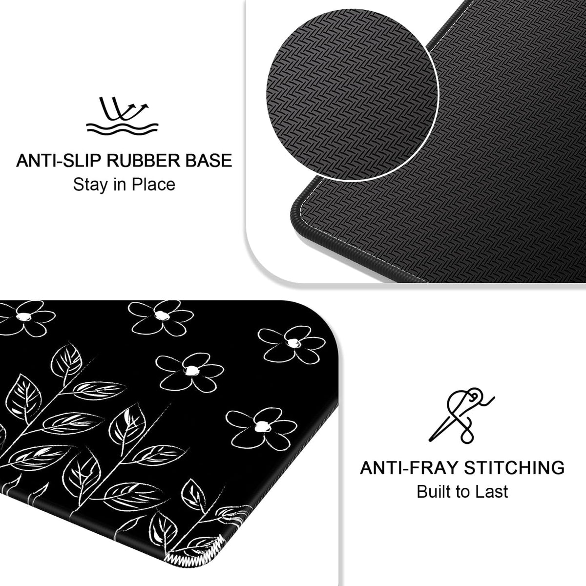 Premium Flower-Themed Mouse Pad, 12 x 10 inches, Non-Slip Rubber with Stitched Edges, Waterproof Square Mat for Gaming and Work, Compatible with Wireless Mice, Black