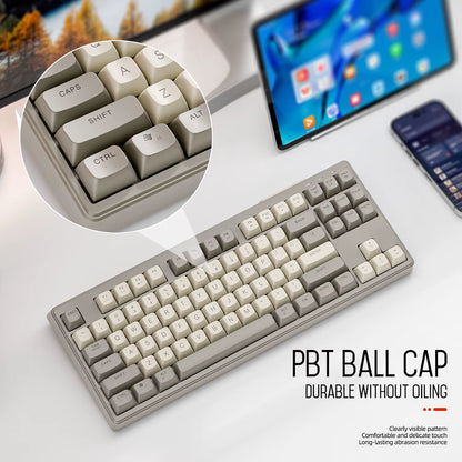 M87 Dual Mode Bluetooth Wireless Gaming Keyboard, 87 Keys with RGB Rainbow Lighting and PBT Keycaps for Quiet Office and Gaming Use