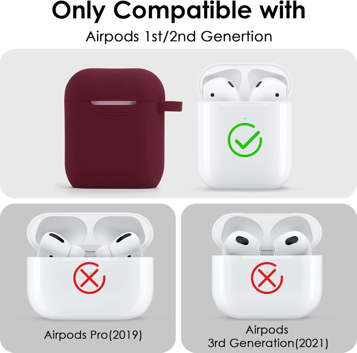 AirPods 1 & 2 Silicone Case Cover with Keychain and Pompom - Stylish Protective Accessory in Burgundy, Ideal Gift for Women and Girls
