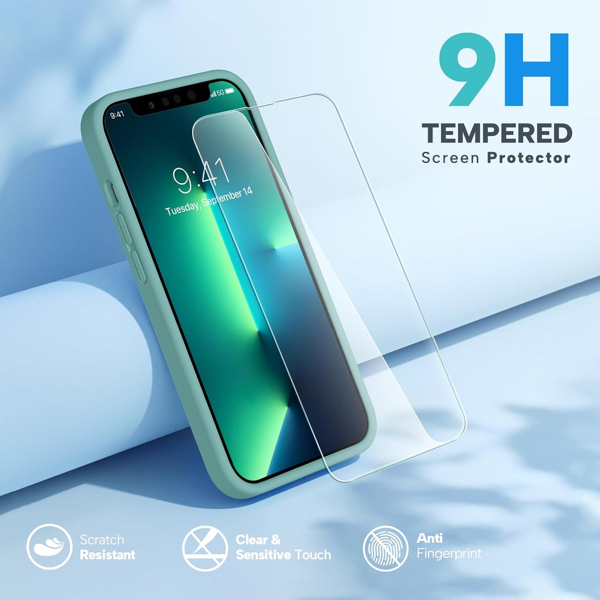 IPhone 13 Pro Max Case with Screen Protector, Shockproof Liquid Silicone Rubber Cover with Soft Anti-Scratch Microfiber Lining, 6.7 Inch, Midnight Green