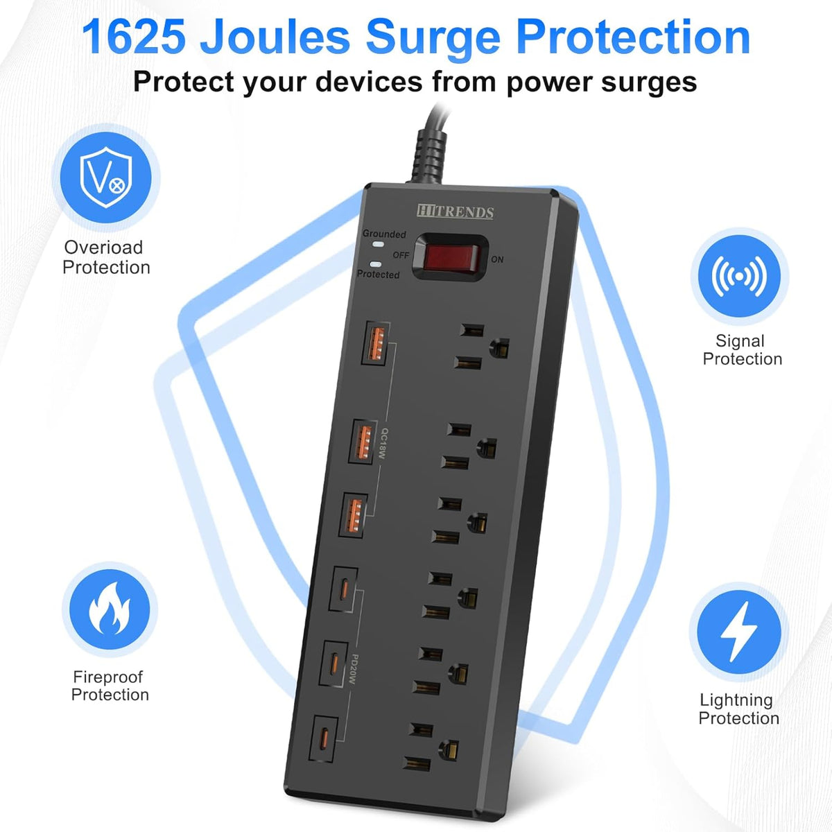 Surge Protector Power Strip with 6 AC Outlets and 6 USB Ports (3 USB-C & 3 USB-A), 20W PD Fast Charging, 6 Ft Flat Plug Extension Cord, 1625W/13A, Ideal for Home and Office Use